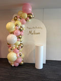 White, Black, Beige, Pink, Blue or Lilac Arch Backdrop Wall Hire with Balloon Garland #WHBD