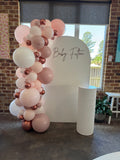 White, Black, Beige, Pink, Blue or Lilac Arch Backdrop Wall Hire with Balloon Garland #WHBD