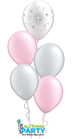 Religious Event Cross T5 Pink & Silver Balloon Bouquet with Hi-Float