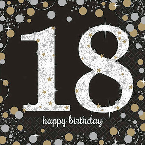 18th Birthday Napkin in Black & Gold 16pk