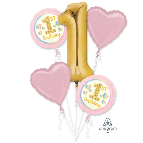 Girl 1st Birthday Pink and Gold INFLATED Balloon Bouquet Kit 5 pk#40371