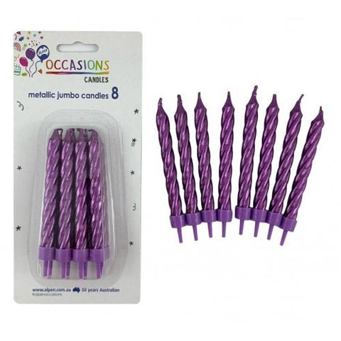 Metallic Purple Jumbo Candles with holders Pack 8