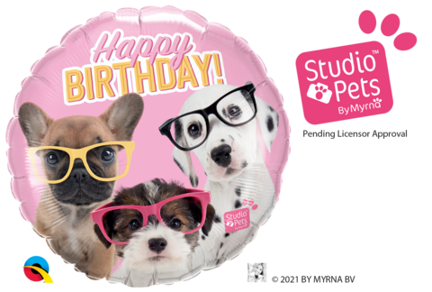 Happy Birthday Pink Puppies with Glasses Foil 45cm Balloon #19283
