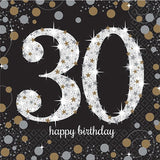 30th Birthday Napkin Black, Gold & Silver 16pk