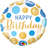Happy Birthday Blue & Gold Dots Foil 45cm Balloon INFLATED #18871