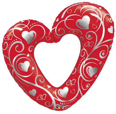Heart Filigree Red & Silver Foil Supershape Balloon INFLATED #16441