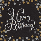 Happy Birthday Napkin in Black, Silver & Gold 16pk