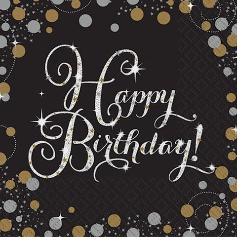 Happy Birthday Napkin in Black, Silver & Gold 16pk