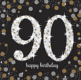 90th Birthday Napkins Black, Silver & Gold