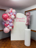 White, Black, Beige, Pink, Blue or Lilac Arch Backdrop Wall Hire with Balloon Garland #WHBD