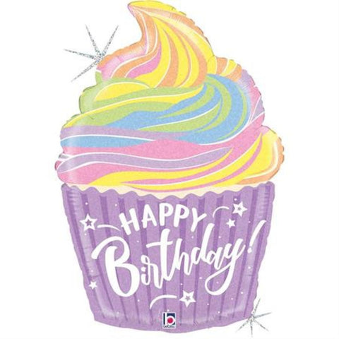 Pastel Birthday Cupcake Holographic Foil Shape 68cm (27") INFLATED #35961