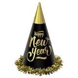 Happy New Year Black & Gold Foil Cone Hats 23cm 24 pack #845926