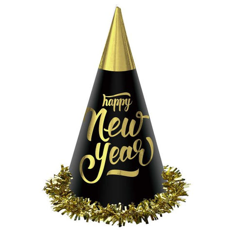 Happy New Year Black & Gold Foil Cone Hats 23cm 24 pack #845926