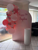 White, Black, Beige, Pink, Blue or Lilac Arch Backdrop Wall Hire with Balloon Garland #WHBD