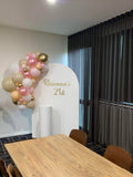 White, Beige or Pink Arch Backdrop Wall Hire with Balloon Garland #WHBD