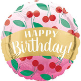 Happy Birthday Cherries Round Foil Balloon Silver 45 cm #4177301