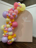 Beige, Pink, Blue or Lilac Arch Backdrop Wall Hire with Balloon Garland #BPBLBD