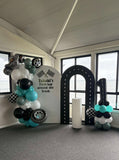 White or Black Open Hollow Arch or White Moon Backdrop Wall Hire with or without Balloon Garland #WHBLKOPENBD