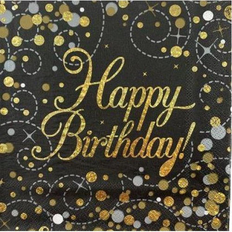 Happy Birthday Napkin in Black & Gold 16pk