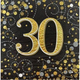 30th Birthday Napkin Black & Gold 16pk