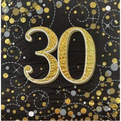 30th Birthday Napkin Black & Gold 16pk