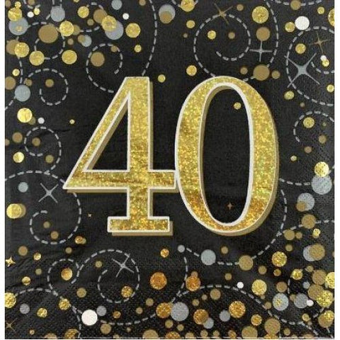 40th Birthday Napkin Black & Gold 16pk