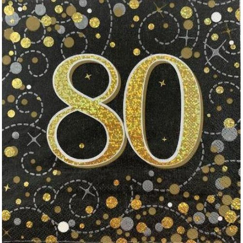 80th 80 Birthday Napkin Black & Gold 16pk #636026