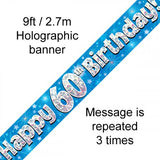 60th Blue Holographic Happy 60th Birthday Banner 2.7m #624849