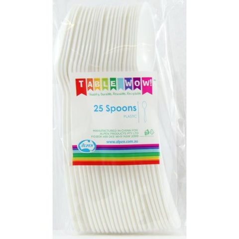 White Reusable Plastic Cutlery Dessert Spoons 25pk #386301