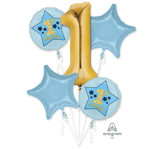 Boy 1st Birthday Blue and Gold INFLATED Balloon Bouquet #40372