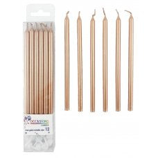 Rose Gold Metallic Slim Candles 120mm with Holders Box12 #431192