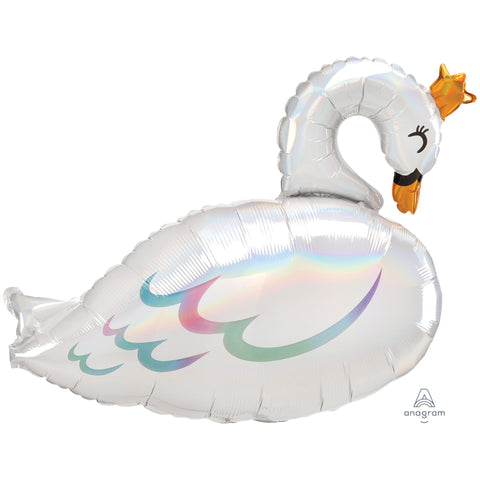 Swan Princess Crown Holographic Iridescent Foil Supershape Balloon 73x55cm INFLATED#41213