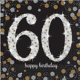 60th Birthday Napkins Black, Silver & Gold