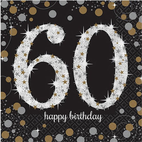 60th Birthday Napkins Black, Silver & Gold