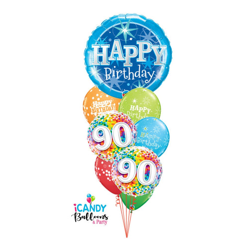 Happy 90th Birthday Blue Confetti Extravaganza Balloon Bouquet