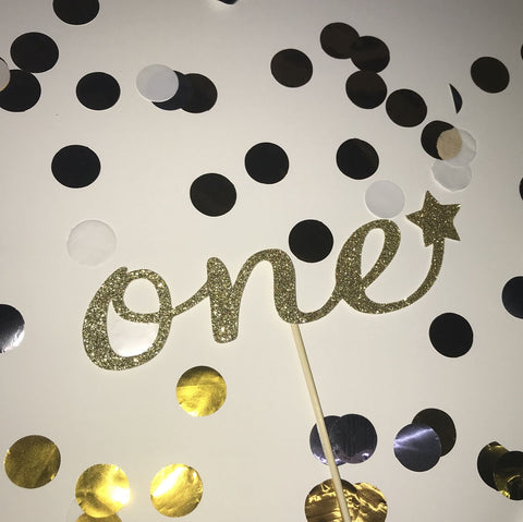 1st Birthday 'One' Glittered Cake Topper in Gold with Star
