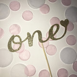 1st Birthday 'one' Glittered Cake Topper in Gold with Heart