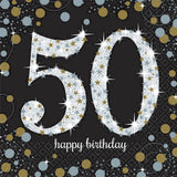 50th Birthday Napkins Black, Silver & Gold