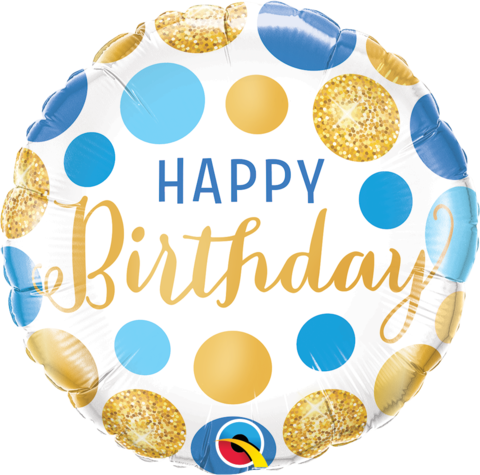 Happy Birthday Blue & Gold Dots Foil 45cm Balloon INFLATED #18871