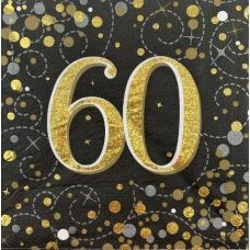 Sparkling Fizz Black Gold Napkin 33cm "60" 16 pack #636002