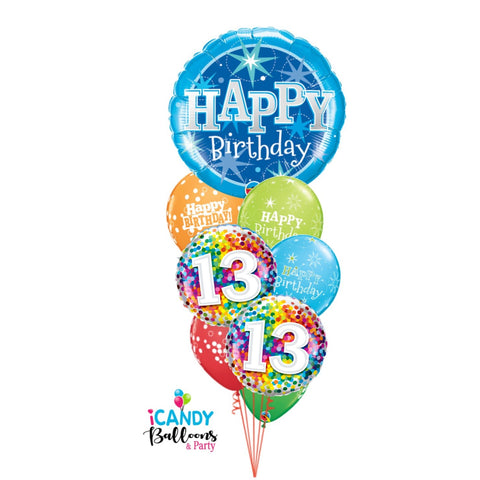 Happy 13th Birthday Blue Confetti Extravaganza Balloon Bouquet