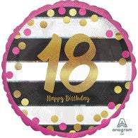 18th Birthday Foil Black, Gold, Magenta Balloon #37160