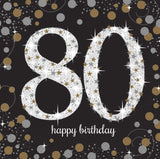 80th Birthday Napkins Black, Silver & Gold
